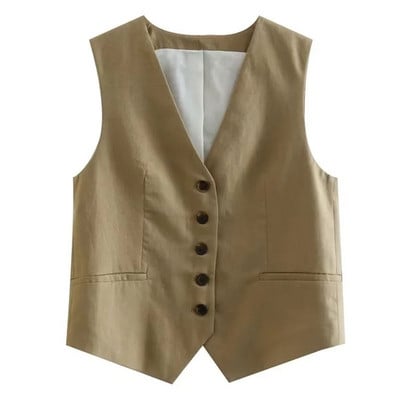 TRAF naiste suvepükste komplektid Vintage soliidsed üherealised V-kaelusega vestid + õhukesed lukuga lühikesed püksid, kontoriülikonnad