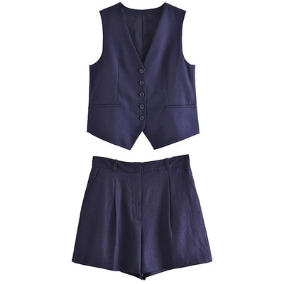 TRAF naiste suvepükste komplektid Vintage soliidsed üherealised V-kaelusega vestid + õhukesed lukuga lühikesed püksid, kontoriülikonnad