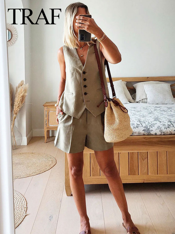 TRAF naiste suvepükste komplektid Vintage soliidsed üherealised V-kaelusega vestid + õhukesed lukuga lühikesed püksid, kontoriülikonnad