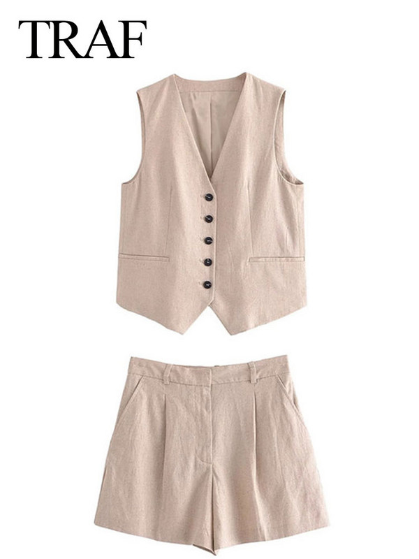TRAF naiste suvepükste komplektid Vintage soliidsed üherealised V-kaelusega vestid + õhukesed lukuga lühikesed püksid, kontoriülikonnad