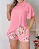 Moodsad lühikeste varrukatega roosad topid ja lühikesed kaheosalised naiste komplektid 2023. aasta suve vabaaja lillelised lühikesed komplektid naistele 