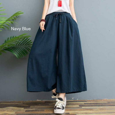Suures suuruses puuvillased linased püksid naiste kevadised kõrge vöökohaga säärepikkused laiad püksid vabaaja suvepüksid naiste püksid tänavarõivad