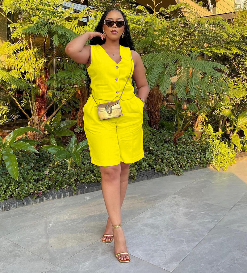 2024-es új nyári szilárd, 2 részes női szett, alkalmi, gombolható alsónadrág, széles lábú rövidnadrág öltöny, kétrészes női szett