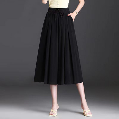 Jégselyem, széles lábak, magas derekú nyári vékony női 2024-es zsebdivat, egyszínű, hétpontos, leeső érzésű szoknyanadrágok