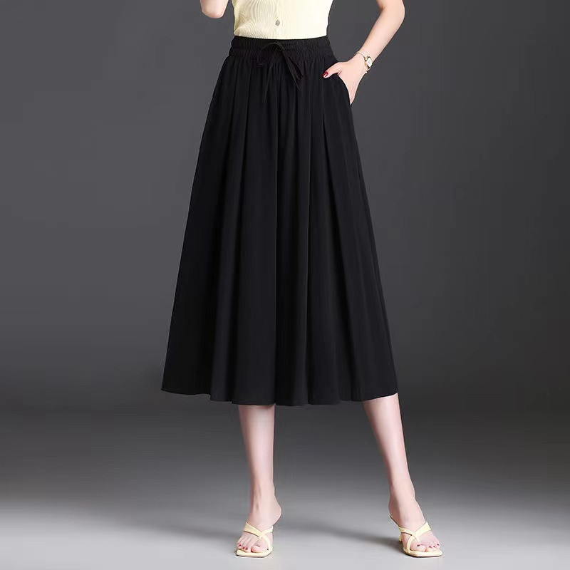 Jégselyem, széles lábak, magas derekú nyári vékony női 2024-es zsebdivat, egyszínű, hétpontos, leeső érzésű szoknyanadrágok