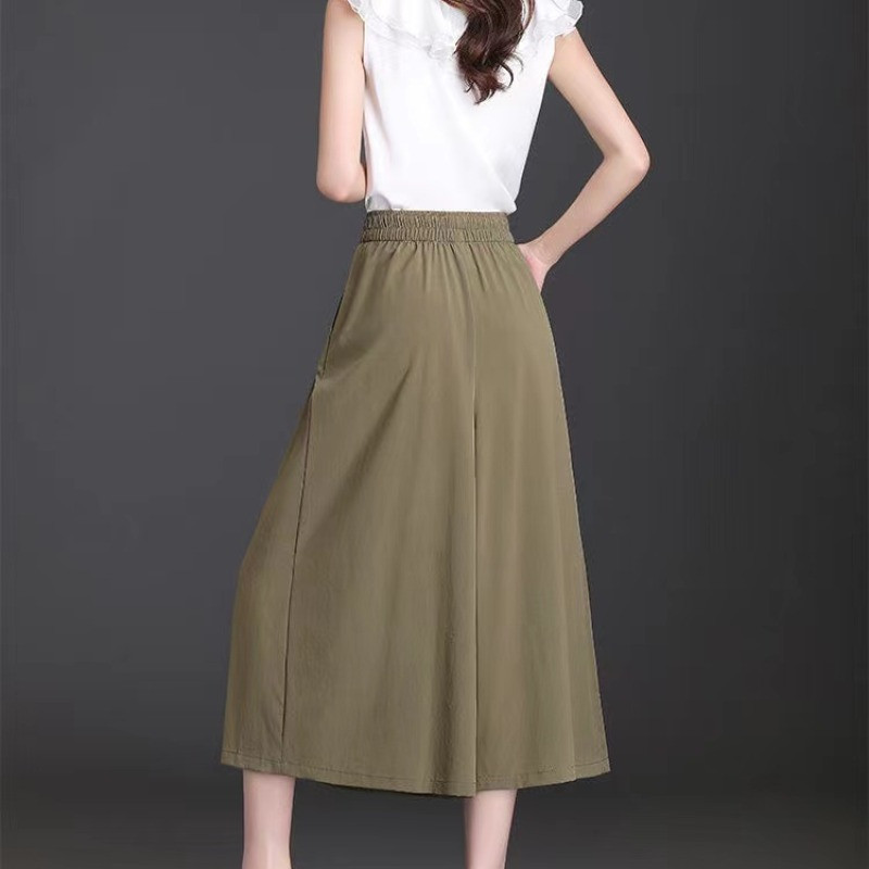 Jégselyem, széles lábak, magas derekú nyári vékony női 2024-es zsebdivat, egyszínű, hétpontos, leeső érzésű szoknyanadrágok