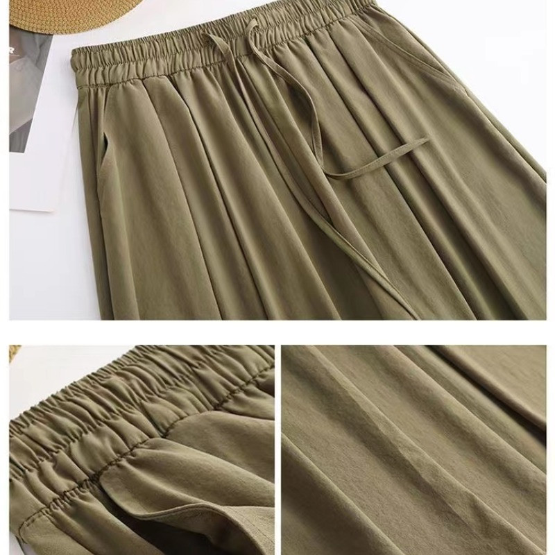 Jégselyem, széles lábak, magas derekú nyári vékony női 2024-es zsebdivat, egyszínű, hétpontos, leeső érzésű szoknyanadrágok