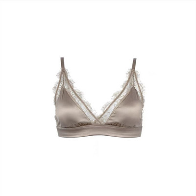 Női melltartó Retro francia szatén 94,2% eperfa selyem bélésű melltartó vezeték nélküli háromszög kupa vékony szexi csipke bralette női fehérnemű