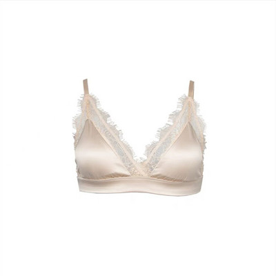 Női melltartó Retro francia szatén 94,2% eperfa selyem bélésű melltartó vezeték nélküli háromszög kupa vékony szexi csipke bralette női fehérnemű