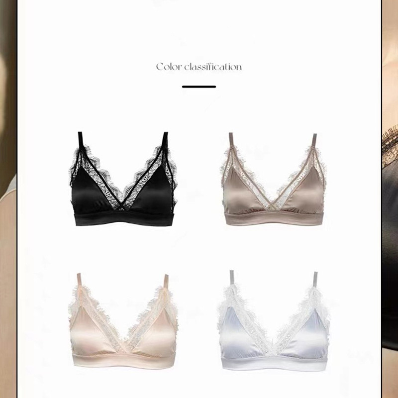 Női melltartó Retro francia szatén 94,2% eperfa selyem bélésű melltartó vezeték nélküli háromszög kupa vékony szexi csipke bralette női fehérnemű