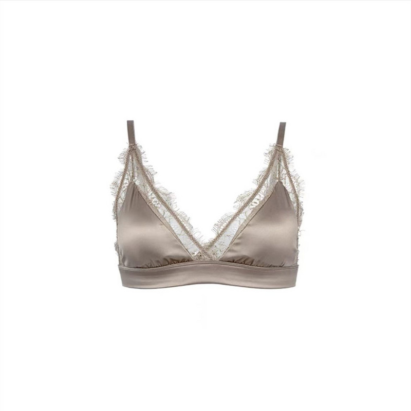 Női melltartó Retro francia szatén 94,2% eperfa selyem bélésű melltartó vezeték nélküli háromszög kupa vékony szexi csipke bralette női fehérnemű