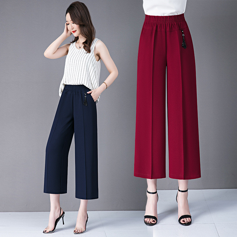 Divat Női Bő, vékony, széles szárú nadrágok Utcai ruházat koreai ruházat Új nyári, alkalmi, magas derekú, tömör vágott nadrágok