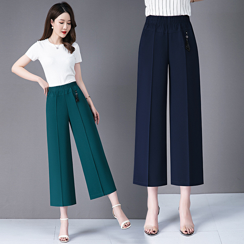 Divat Női Bő, vékony, széles szárú nadrágok Utcai ruházat koreai ruházat Új nyári, alkalmi, magas derekú, tömör vágott nadrágok