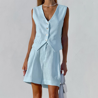 2024. aasta suve puuvillased linased lühikesed püksid, naiste vintage varrukateta vest, hingav lühike püks, kaheosaline komplekt, šikk naiste komplekt