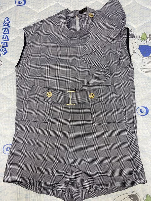 Korea 2023. aasta suvi uus Houndstooth ülikond, krae, volang, varrukateta topp + laiad püksid, lühikesed püksid, kaheosaline komplekt naistele