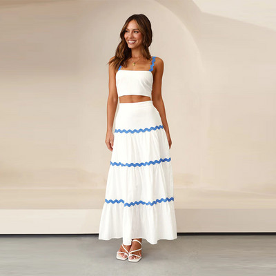 Wave Stripe ünnepi pántos ruhakészlet 2024 tavaszi termés felső elegáns ujjatlan 2 db hozzáillő készletek hosszú szoknya A vonalú strand öltöny