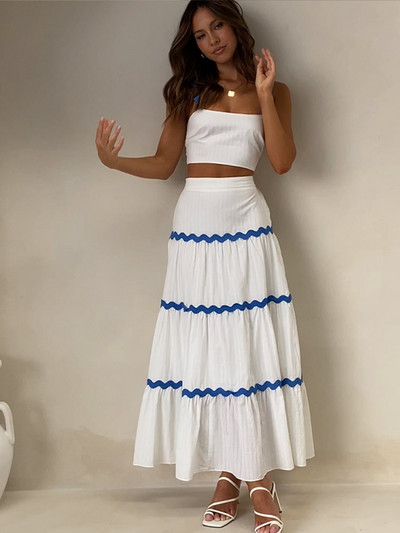 Set rochie cu bretele de vacanță cu dungi valuri 2024 Top crop de primăvară Elegant fără mâneci 2 buc. Seturi asortate Fusta lungă Costum de plajă în linie A