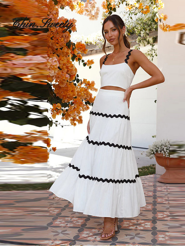 Wave Stripe ünnepi pántos ruhakészlet 2024 tavaszi termés felső elegáns ujjatlan 2 db hozzáillő készletek hosszú szoknya A vonalú strand öltöny