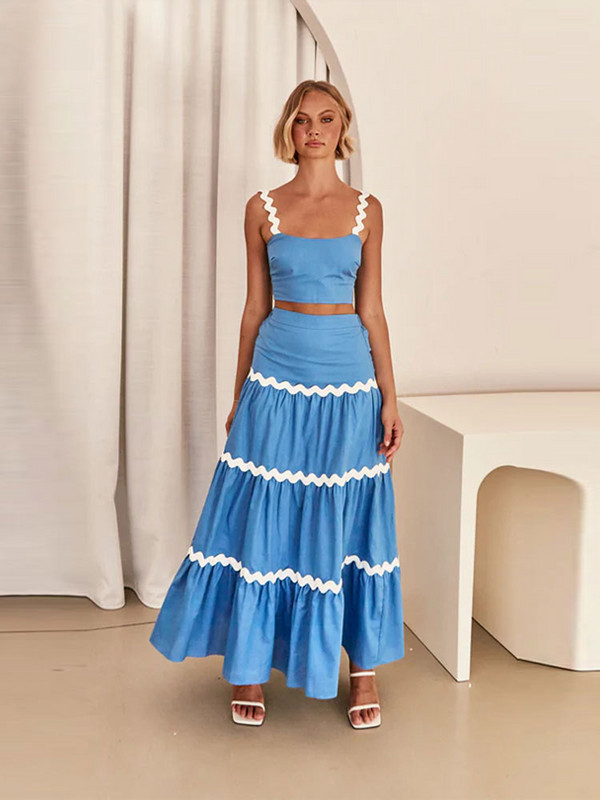 Wave Stripe ünnepi pántos ruhakészlet 2024 tavaszi termés felső elegáns ujjatlan 2 db hozzáillő készletek hosszú szoknya A vonalú strand öltöny