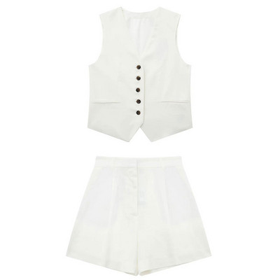 TRAF 2023 női divatos rövidnadrág szett tömör ujjatlan mellény+zsebek nadrágok irodai női öltönyök, női, alkalmi, kétrészes utcai szett