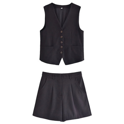TRAF 2023 női divatos rövidnadrág szett tömör ujjatlan mellény+zsebek nadrágok irodai női öltönyök, női, alkalmi, kétrészes utcai szett