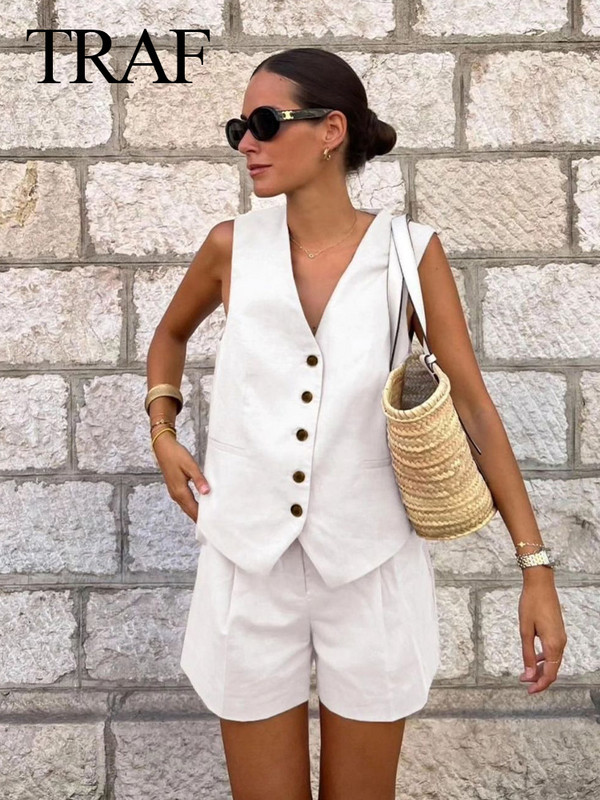 TRAF 2023 női divatos rövidnadrág szett tömör ujjatlan mellény+zsebek nadrágok irodai női öltönyök, női, alkalmi, kétrészes utcai szett