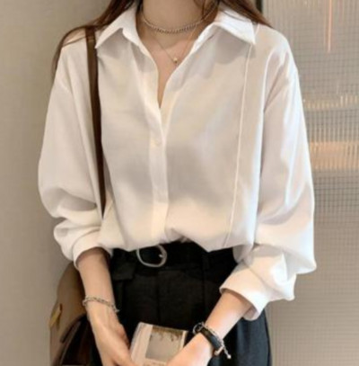 Női ing fehér sima színű bő nagyméretű blúz női Gombos blúz bő koreai 4 szín M-4XL