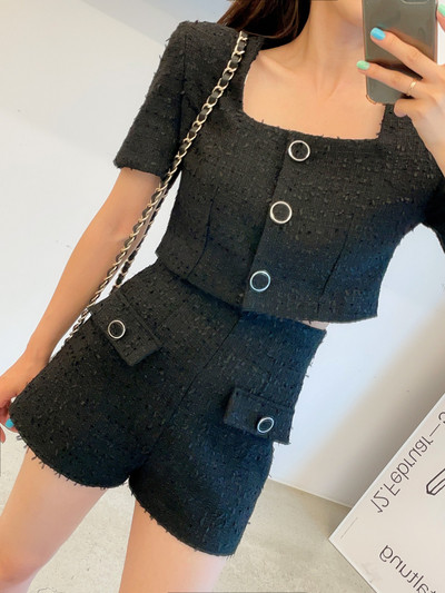 2022. aasta suvine Korea temperamenti elegantne 2-osaline komplekt, väikese lõhnaga Tweedi lühikeste varrukatega Crop top + kõrge vöökohaga lühikeste pükstega komplekt