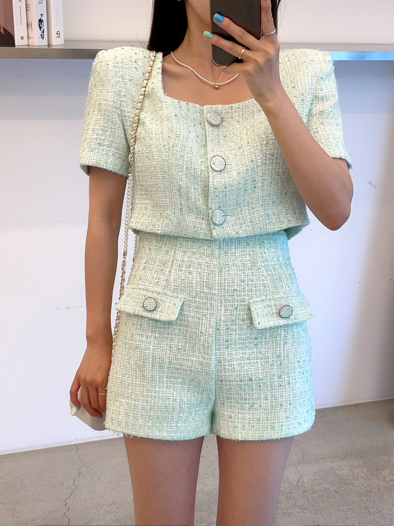 2022. aasta suvine Korea temperamenti elegantne 2-osaline komplekt, väikese lõhnaga Tweedi lühikeste varrukatega Crop top + kõrge vöökohaga lühikeste pükstega komplekt
