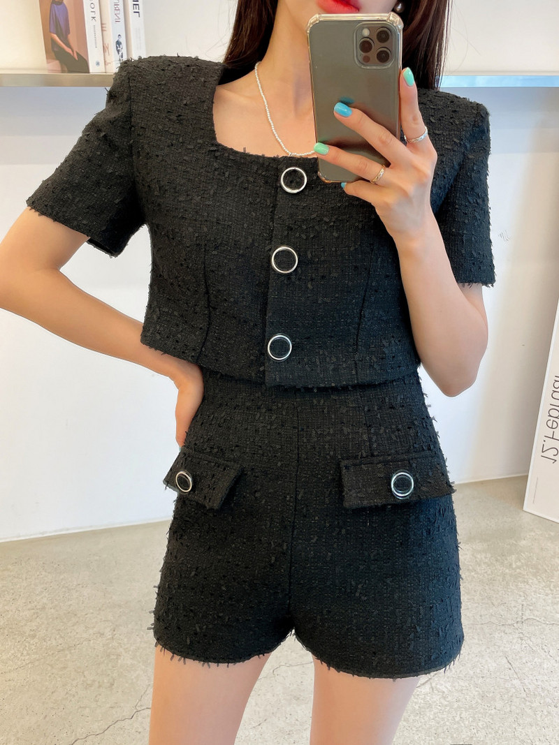 2022. aasta suvine Korea temperamenti elegantne 2-osaline komplekt, väikese lõhnaga Tweedi lühikeste varrukatega Crop top + kõrge vöökohaga lühikeste pükstega komplekt
