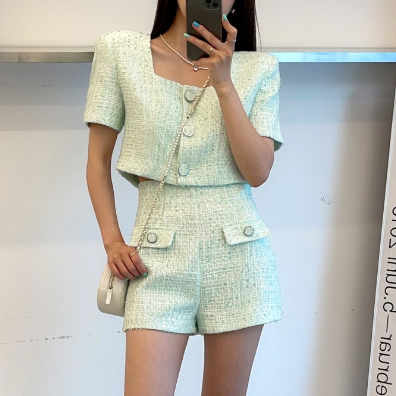 2022. aasta suvine Korea temperamenti elegantne 2-osaline komplekt, väikese lõhnaga Tweedi lühikeste varrukatega Crop top + kõrge vöökohaga lühikeste pükstega komplekt