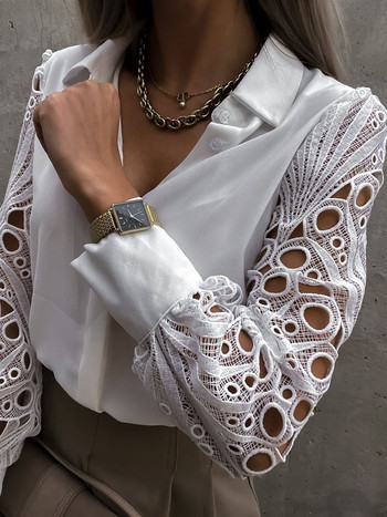 Бяла секси дантелена дамска блуза 2024 Пролет Черни ретро ризи с копчета Топ с дълги ръкави Мрежест дизайн Топове Femme 19948