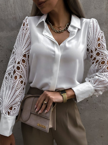Бяла секси дантелена дамска блуза 2024 Пролет Черни ретро ризи с копчета Топ с дълги ръкави Мрежест дизайн Топове Femme 19948