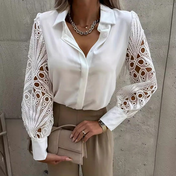 Модна топ с дълъг ръкав Femme White Laec Patchwork Shirt Women 2024 Пролет Есен Ежедневни офис дамски блузи и топове Дамски