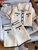 Tricot de vară Seturi 2 bucăți Tricou cu mânecă scurtă pentru femei cu un singur piept Topuri Conjuntos Coreeană cu talie înaltă Pantaloni Cortos Outfit