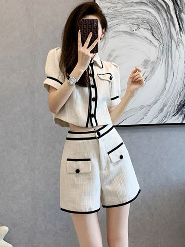 Tricot de vară Seturi 2 bucăți Tricou cu mânecă scurtă pentru femei cu un singur piept Topuri Conjuntos Coreeană cu talie înaltă Pantaloni Cortos Outfit