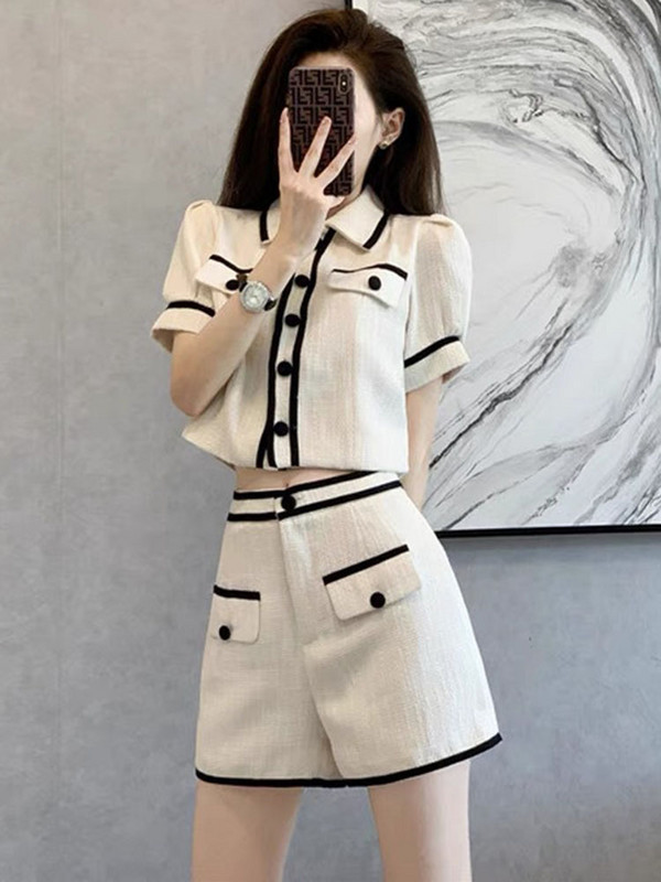 Tricot de vară Seturi 2 bucăți Tricou cu mânecă scurtă pentru femei cu un singur piept Topuri Conjuntos Coreeană cu talie înaltă Pantaloni Cortos Outfit