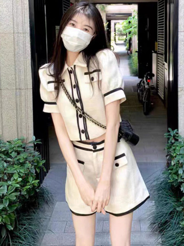 Tricot de vară Seturi 2 bucăți Tricou cu mânecă scurtă pentru femei cu un singur piept Topuri Conjuntos Coreeană cu talie înaltă Pantaloni Cortos Outfit