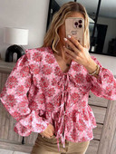 Elegantna cvjetna košulja s cvjetnim motivima Ženska šik majica s volanima i lanternastim rukavima Petar Pan ovratnik Ženski top Ljetne ulične široke ženske majice 2024.