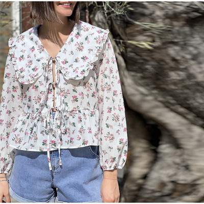 Elegantna cvjetna košulja s cvjetnim motivima Ženska šik majica s volanima i lanternastim rukavima Petar Pan ovratnik Ženski top Ljetne ulične široke ženske majice 2024.