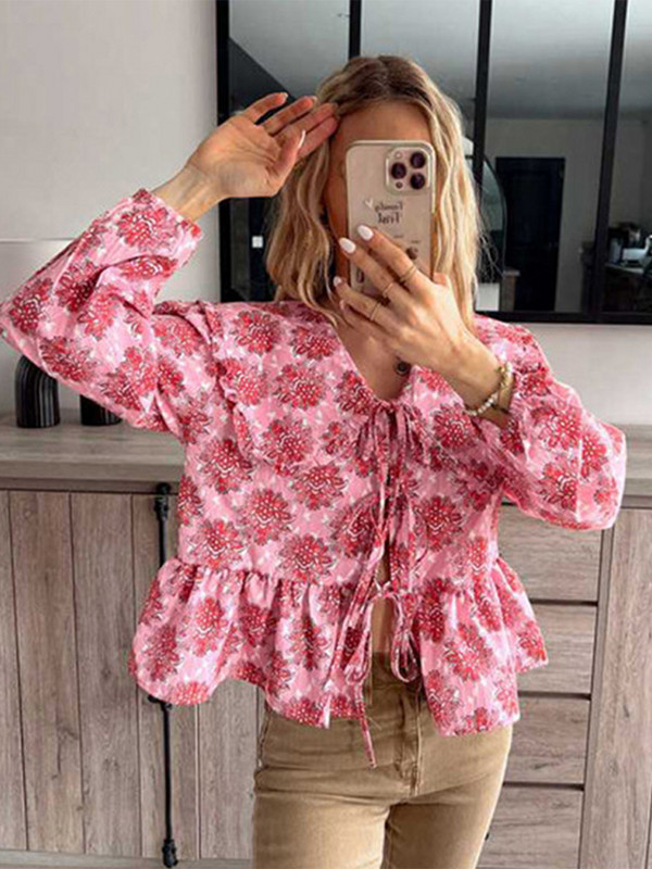 Elegantna cvjetna košulja s cvjetnim motivima Ženska šik majica s volanima i lanternastim rukavima Petar Pan ovratnik Ženski top Ljetne ulične široke ženske majice 2024.