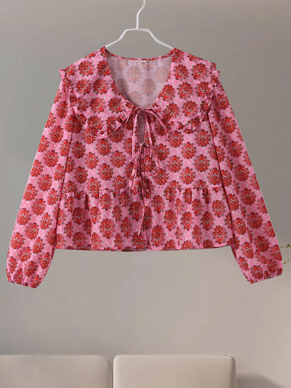 Elegantna cvjetna košulja s cvjetnim motivima Ženska šik majica s volanima i lanternastim rukavima Petar Pan ovratnik Ženski top Ljetne ulične široke ženske majice 2024.