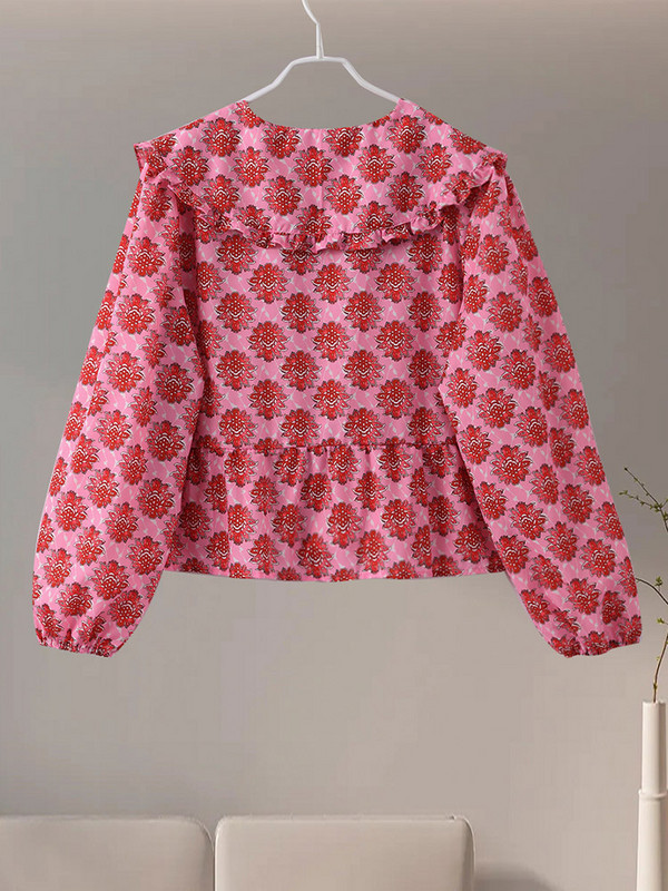 Elegantna cvjetna košulja s cvjetnim motivima Ženska šik majica s volanima i lanternastim rukavima Petar Pan ovratnik Ženski top Ljetne ulične široke ženske majice 2024.