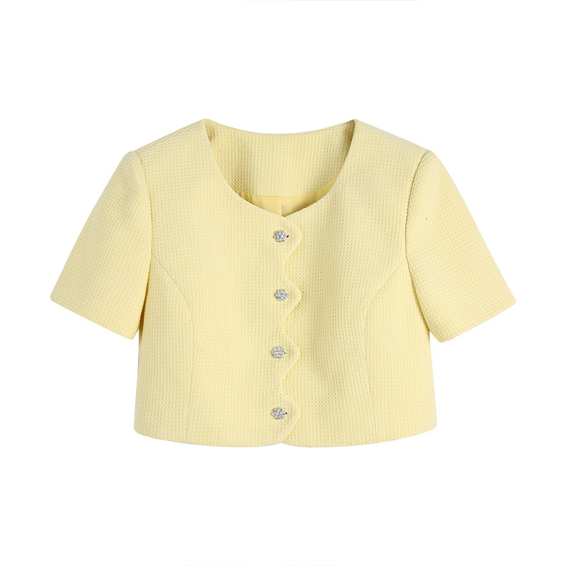 Korea stiilis Naiste Super-lühike kardigan tviidjakk ja lühikeste pükste seelik 2024 Uusim Yellow Slim 2-osaline komplekt Lady Sexy INKEO 2T100