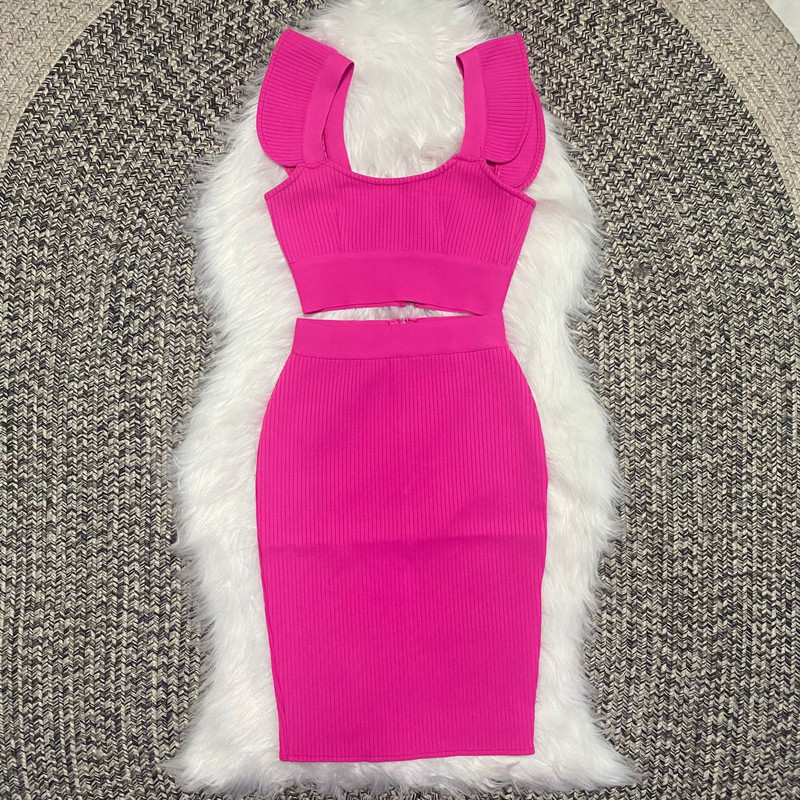 Kvaliteetne kuulsuste seksikas mood roheline kollane volangidega Bodycon Rayon kaheosaline sidemega kleit, kaheosaline ja seelikukomplekt