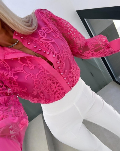 Tingting Yuli Girls 2024 pärlitega kaunistusega õlavarrega pits, kaelus pikkade varrukatega poolläbipaistev särk