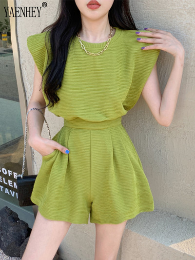 YAENHEY Set două piese Tricouri largi fără mâneci pentru femei Topuri pline de talie înaltă Pantaloni scurți cu picioare largi Moda coreeană Costume pentru femei verde