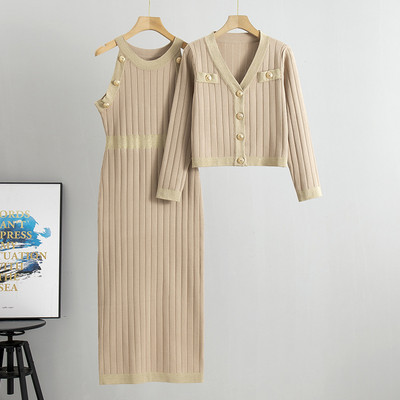 Trikotāžas Bodycon Kleitas Divdaļīgi Komplekti Sieviešu V veida kakla īss džemperis Jaciņa Conjunto Korejiešu šiks Sexy Slim Tank Maxi Vestidos tērpi