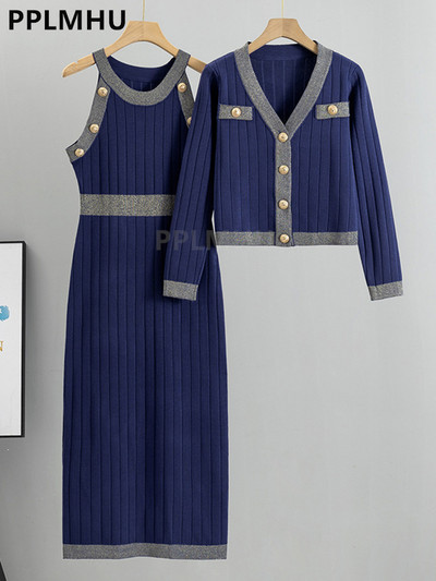 Rochii tricotate bodycon Seturi 2 piese femei cu decolteu în V Pulover scurt Cardigan Conjunto coreean chic sexy tanc subțire Maxi rochii ținute