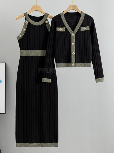 Trikotāžas Bodycon Kleitas Divdaļīgi Komplekti Sieviešu V veida kakla īss džemperis Jaciņa Conjunto Korejiešu šiks Sexy Slim Tank Maxi Vestidos tērpi